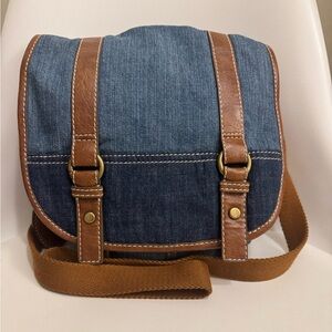 Fossil Long Live Vintage 1953 Denim Crossbody Bag Leather Canvas PURSE Womens